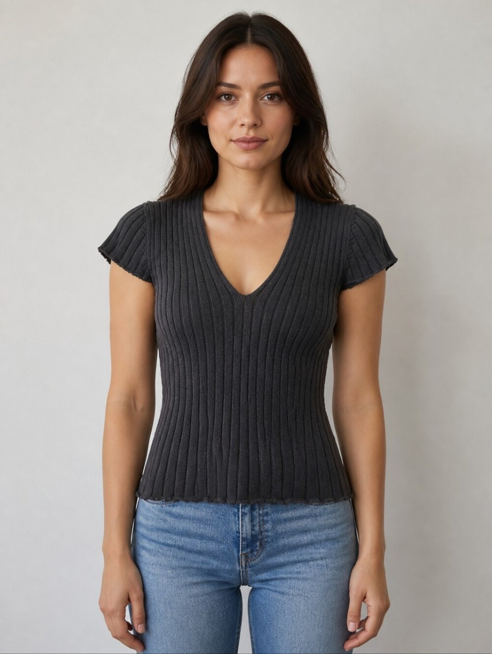 Rouje Charcoal Ribbed V-Neck Short Sleeve Top